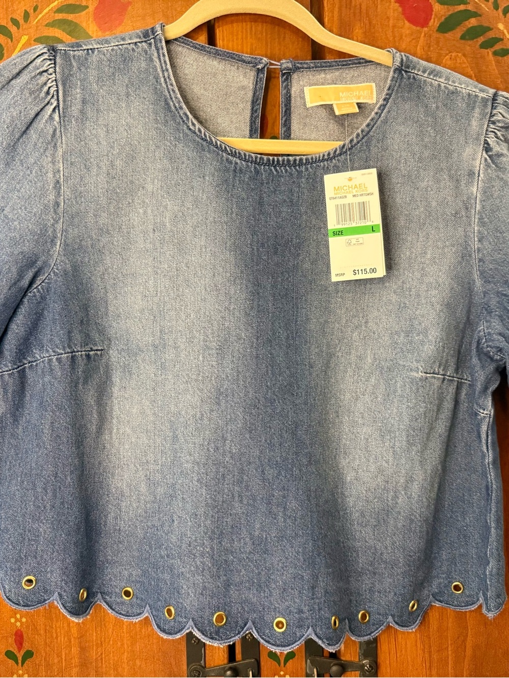 Lg Michael Kors Blue Denim Scallop-Edge Short Sleeve Top NWT $115
